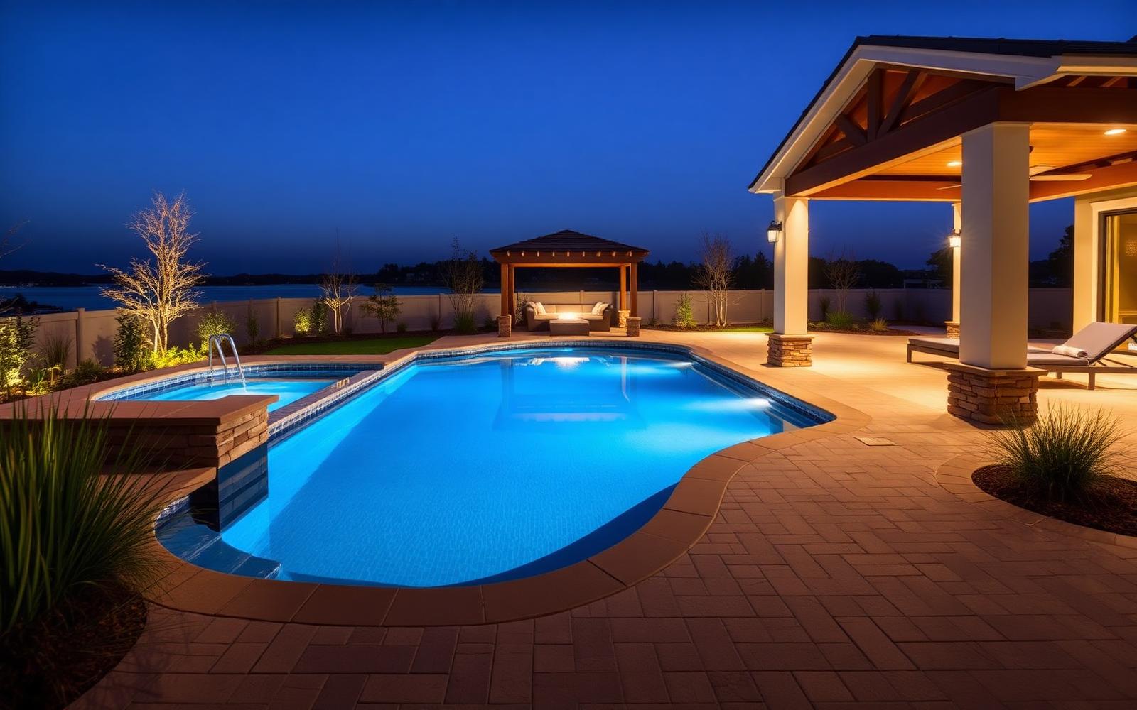 Inground pool with surrounding interlock patio and cabana