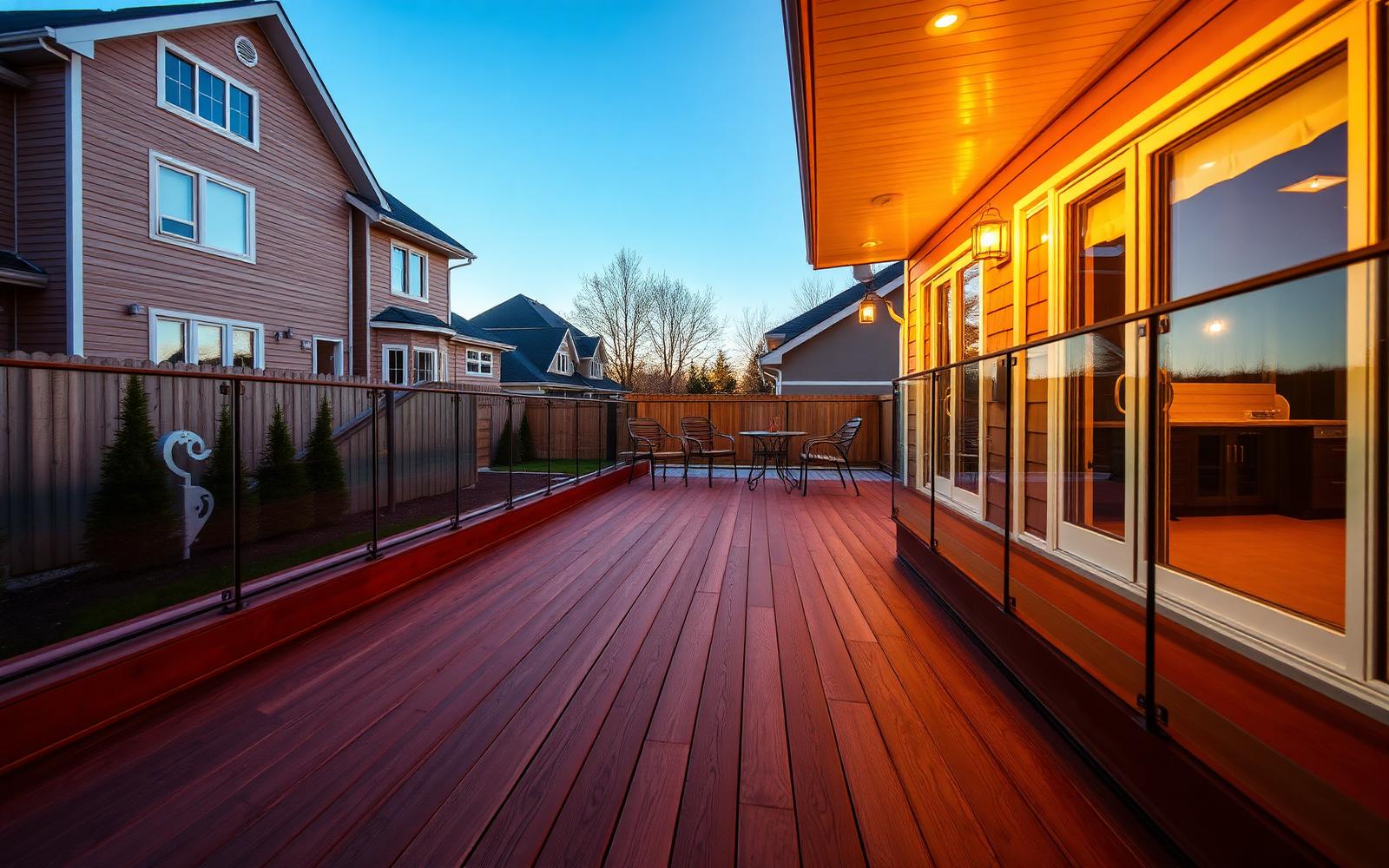 Modern composite deck with glass railings in a Cambridge backyard