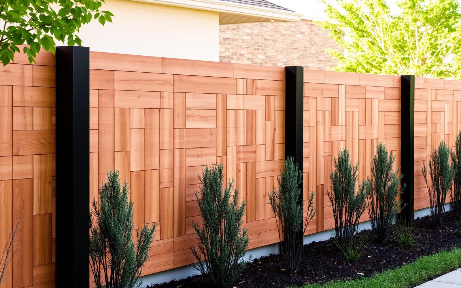 Horizontal cedar privacy fence with black metal posts