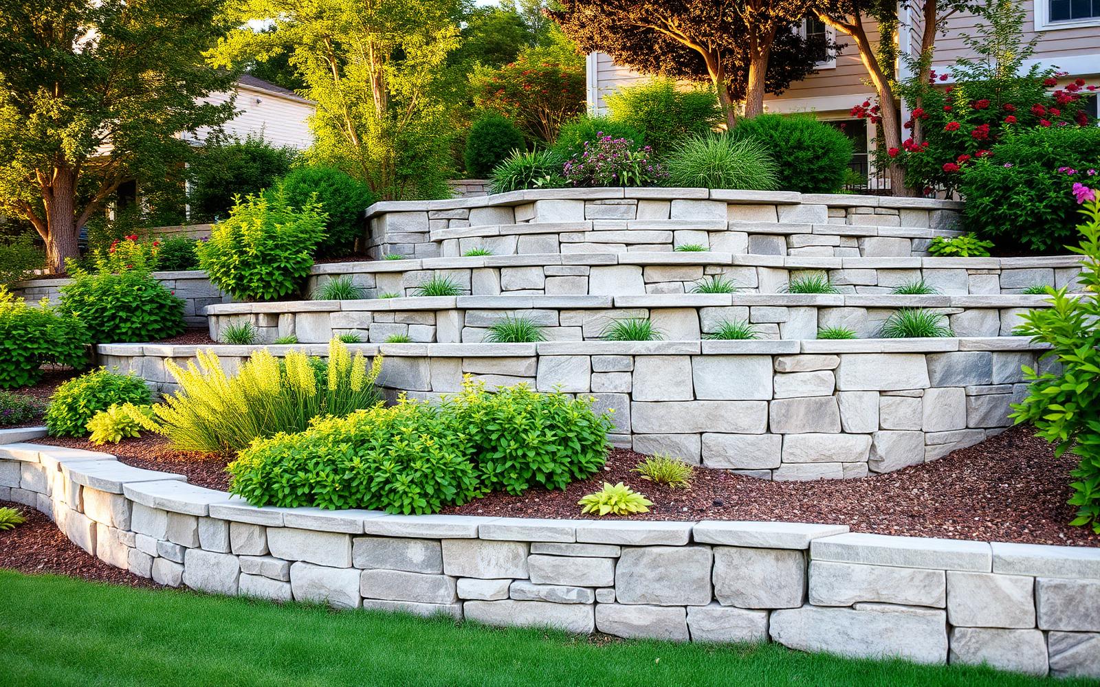 Tiered retaining wall with garden plantings in Kitchener