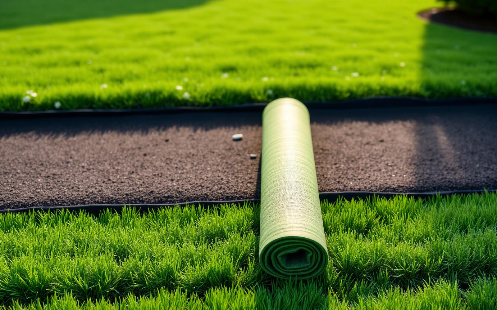 Freshly laid sod rolls on a prepared lawn bed